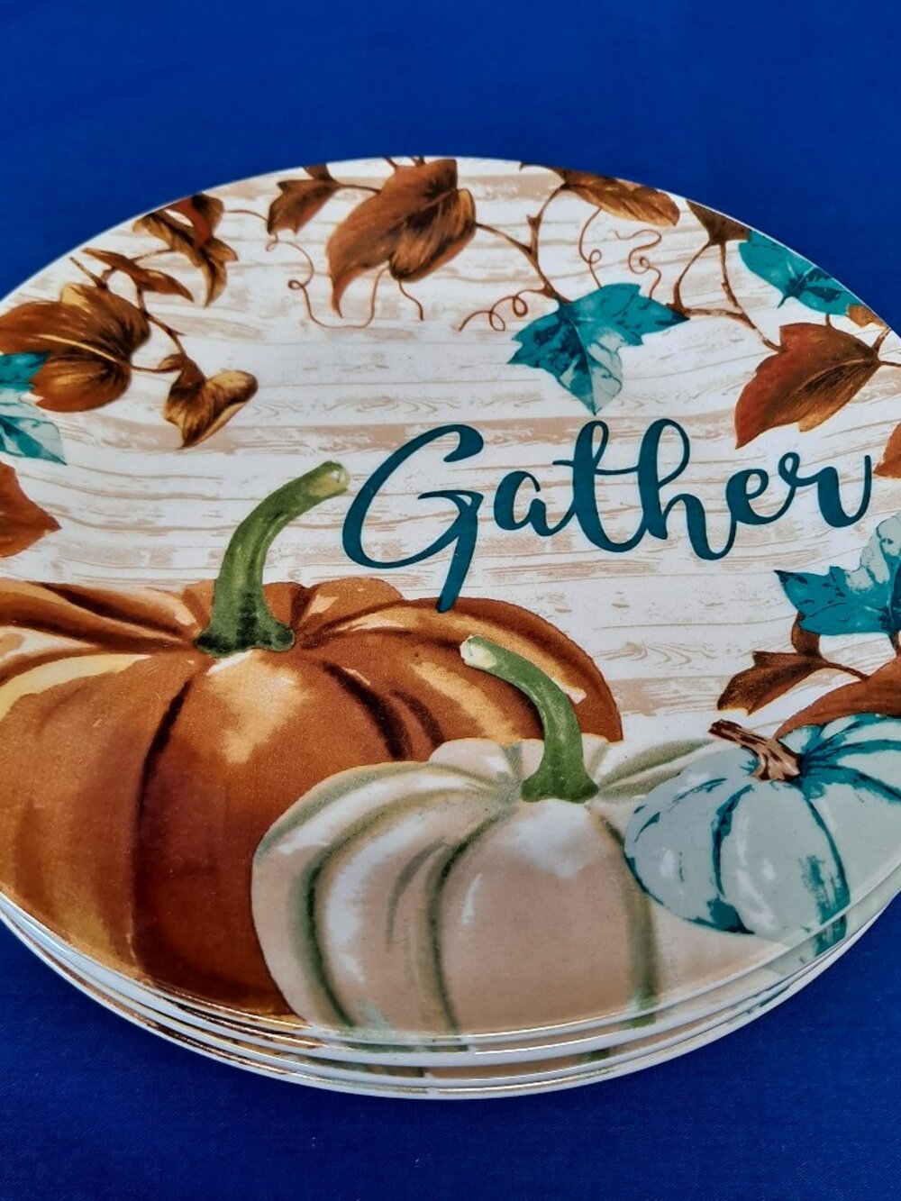 Set 4 Royal Norfolk PUMPKINS 7 1/2" SALAD PLATES Thanksgiving Autumn Fall Leaf